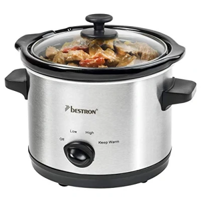 Afbeelding van Bestron Slowcooker, met 3 programma&#039;s, keramische pan &amp; glazen deksel, voor 2 Personen, 1,5L capaciteit, vatwasserveilig, 120 Watt, kleur: zilver