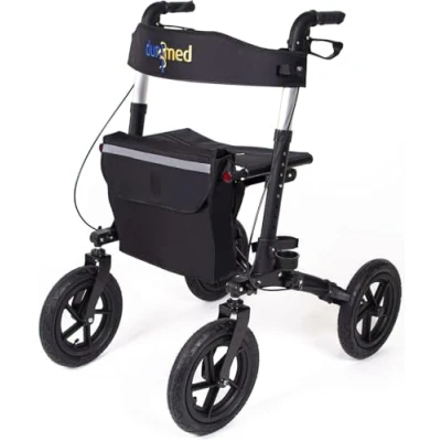 Afbeelding van Dunimed Premium Lichtgewicht Rollator Met Grote Luchtbanden voor Buiten Inclusief Stokhouder en Tas Dubbel opvouwbaar Parkeerrem Stevige Rugband Zwart