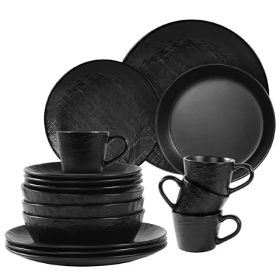 Afbeelding van Navaris aardewerk servies voor 4 personen Serviesset 16 delig met kopjes Compact en stapelbaar Magnetron vaatwasserbestendig Antraciet