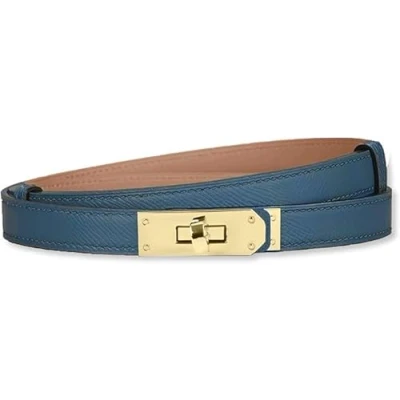 Afbeelding van baizhong Vrouwen Skinny Lederen Riem Klassieke Effen Kleur Legering Turn Lock Dames Verstelbare Slanke Dunne Taille Riem, (Donkerblauw/Goud), Eén maat