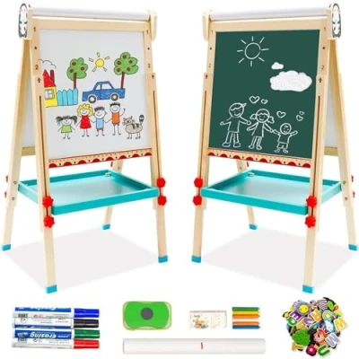 Afbeelding van Kinderezel met papierrol Dubbelzijdig whiteboard en krijtbord Staande schildersezel cijfers andere accessoires voor kinderen peuters
