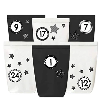 Afbeelding van Adventskalender om te vullen 24 papieren zakjes in zwart en wit cijferstickers (zwart met sterren) zelf doen Miniset 113 Kerstmis 2021