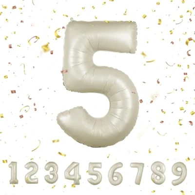 Afbeelding van Ballons, beige, 5e verjaardag, ballon 5 jaar, folieballon voor kinderverjaardag, decoratie, XXL, enorme in 101 cm, verjaardagsdecoratie, getaldecoratie verjaardag