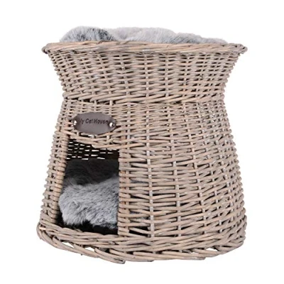 Afbeelding van RM Design Kattenmand als kattentoren van rotan in grijs met zacht kussen