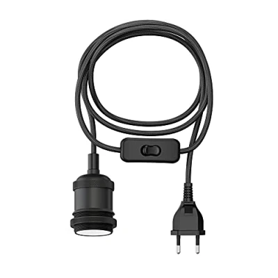 Afbeelding van ledscom.de Textielkabel RETRA, stekker, schakelaar, zwart, 3m, fitting, 1x E27 max. 60W, Led, Diy, wandlamp, E27, textielkabel, hanglamp, gloeilamp