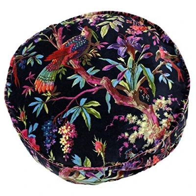 Afbeelding van Riva Paoletti Paradise ronde kussensloop, kleurrijke vogelprint, faux fluwelen stof deken gestikte randen, 100% katoen, zwart, 50 x 12 cm (20 20 5 inch), ontworpen in het Verenigd