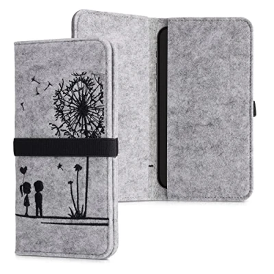 Afbeelding van kwmobile Vilten tasje voor smartphones met elastiek Etui mobiele telefoon in zwart / lichtgrijs 17,2 x 8 cm