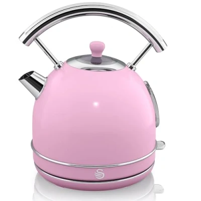 Afbeelding van Swan Retro Waterkoker, 1,8 l, verborgen weerstand, roestvrij staal, draadloos, vintage design, automatische uitschakeling Strix, roze, 3000 W
