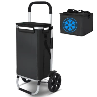 Afbeelding van VOUNOT Boodschappentrolley met 2 wielen van aluminium waterdicht vak, opvouwbaar, 3 in 1, afzonderlijke koeltas, trolley, zwart, 50 l