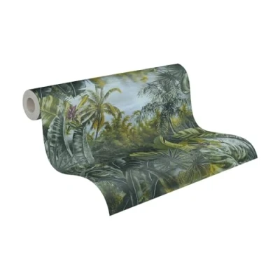 Afbeelding van PALMBOMEN EN BLADEREN BEHANG Jungle &amp; Botanisch donkergroen groen blauw A.S. Création My Home Spa