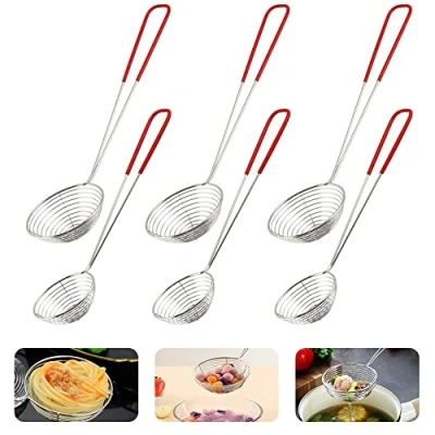 Afbeelding van BUENTYA 6 stuks roestvrijstalen spinzeeflepel, kleine draad skimmer vergiet food grade hete pot zeef schoppen spinzeef keukengereedschap met handvat voor pot, tortellini, parelvoedsel (2 maten)