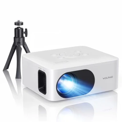 Afbeelding van WOLFANG Mini Projector met Statief, 1080P Full HD Draagbare Telefoonprojector, Buiten Home Theater Filmprojector Compatibel HDMI, USB, Smartphone, Tablet, PC, TV Stick, AV, Micro SD Kaart
