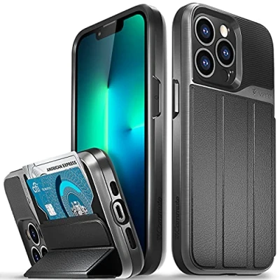 Afbeelding van VENA vCommute Beschermhoes voor Apple iPhone 13 Pro (6,1 inch) (Militaire Grade, Kaartsleuven), Leren Portemonneehoesje met Standfunctie, Grijs