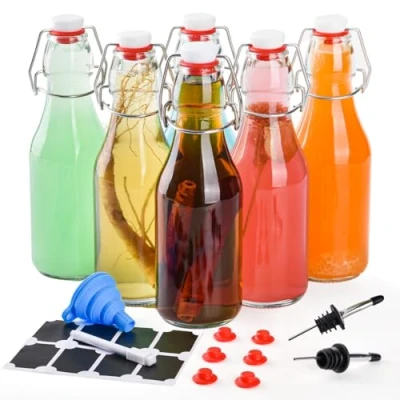 Afbeelding van V·Colokishi Glazen flessen van 250 ml, met beugelsluiting, beugelflessen, likeurflessen, jeneverflessen, beugelsluiting om te vullen voor wijn, melk, sap, olie, azijn, vanille en