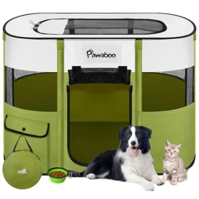 Afbeelding van Pawaboo Portable Pet Playpen, Foldble Dog Play Tent Kennel Crate with Waterproof Oxford, Cat Playpen Travel Bag Folding Bowl for Puppy and Rabbit, Indoor Outdoor Use, Green M