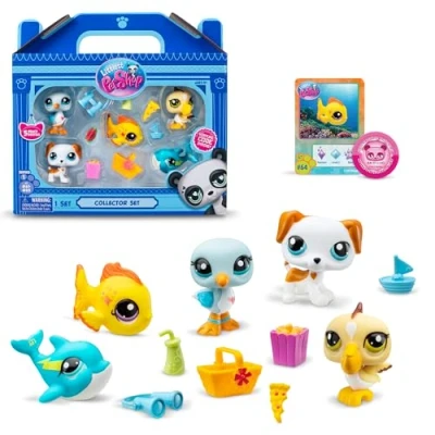 Afbeelding van BANDAI Littlest Pet Shop Collectors 5 pack strandbestis, pakket bevat LPS mini huisdierenspeelgoed, 7 accessoires, 1 verzamelkaart en virtuele code, verzamelspeelgoed voor meisjes jongens