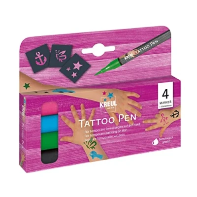 Afbeelding van Kreul tattoo Pen Set met 2 Sjablonen 4 gekleurde pennen en sjablonen, dermatologisch getest, veilig voor de huid