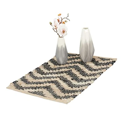 Afbeelding van Relaxdays vloerkleed jute en katoen, binnenkleed 50x80 cm, handgeweven, antislip, voor hal, gang of keuken, beige/zwart