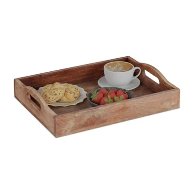 Afbeelding van Relaxdays dienblad 40 x 30 cm met hoge rand handgrepen mangohout