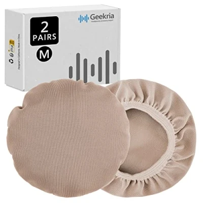 Afbeelding van GEEKRIA 2 paar grote flexibele stof wasbare hoofdtelefoonhoezen/oortelefoonhoezen/oorkussens beschermer/rekbare sanitaire oorschelp, past op 4,3&quot; 6,3&quot; headsets (lichtbruin)