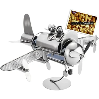 Afbeelding van BRUBAKER Decoratieve wijnfleshouder, metalen sculptuur, cadeau idee, paar in het vliegtuig