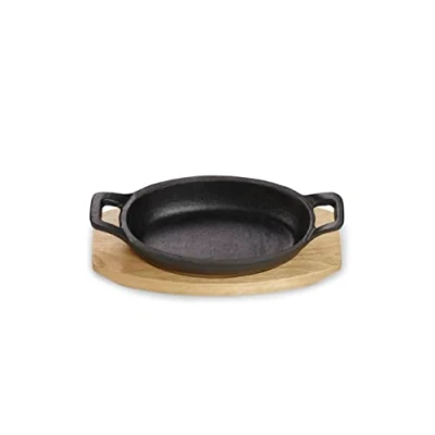 Afbeelding van ECHTWERK Serveerschaal van gietijzer, serveerpannetje, ovenschaal met serveerplank, grillpan, al ingebrand, geschikt voor oven, grill, BBQ en inductie, small editie, Ø 9,5 cm
