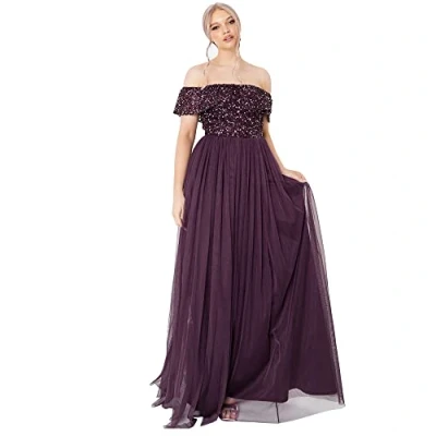 Afbeelding van Maya Deluxe Vrouwen dames bardot jurk maxi verfraaid hoogte rijk taille mouwloze tule voor bruiloft gast prom afstuderen bruidsmeisje, Bessen, 50