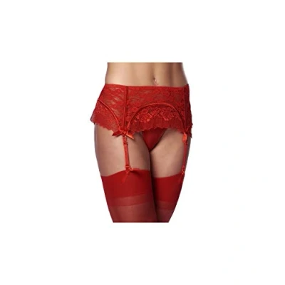 Afbeelding van Amorable by Rimba Kanten jarretelgordel met open achterkant inclusief string en kousen rood