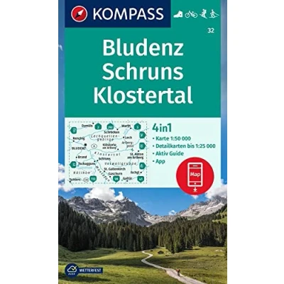 Afbeelding van Carta escursionistica Kom 32. Bludenz Schruns: 4in1 Wanderkarte, mit Aktiv Guide und Detailkarten inklusive Karte zur offline Verwendung in der KOMPASS App. Fahrradfahren. Skitouren. Langlaufen.