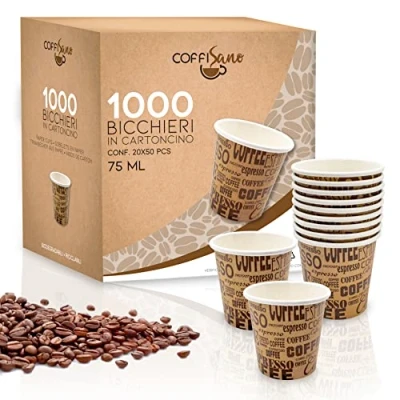 Afbeelding van COFFISANO Wegwerpkoffiebekers van papier, voor kantoor, sport, bar, milieuvriendelijk, composteerbare wegwerpbekers warme dranken, espresso thee, chocolade, 75 ml, 1000 stuks