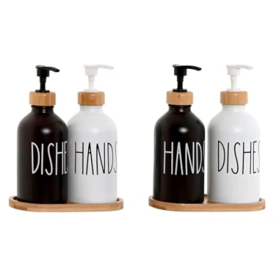 Afbeelding van Home ESPRIT Zeepdispenser, wit, zwart, bamboe, glas, 350 ml, 15,5 x 8 19 cm (2 stuks)