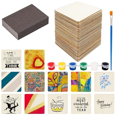 Afbeelding van Belle Vous 50 Pak Onbewerkt Blanke Hout Vierkanten met Schuurblok, Verf &amp; Kwast 10 x cm 2,5 mm Dikke Stukken voor DIY onderzetters, Hobby, Verven en Pyrografie Branden