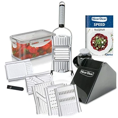 Afbeelding van Genius Nicer Dicer Speed Deluxe set, 13 delige handschaaf, V schaaf, verstelbare handmatig met lemmet van roestvrij staal, groentesnijder, groenteschaaf juliennesnijder, zilver