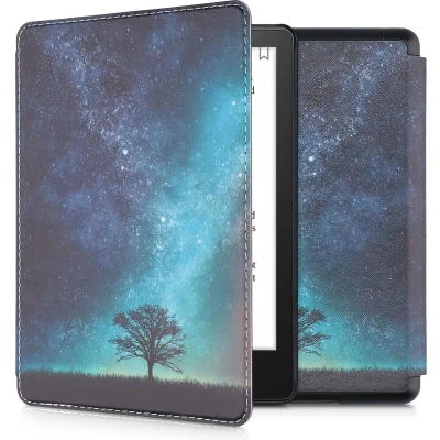 Afbeelding van kwmobile E reader hoesje geschikt voor Amazon Kindle Paperwhite 11. Generation 2021 hoes flip case met magnetische sluiting Ereader cover Sterrenstelsel en Boom design in blauw / grijs zwart