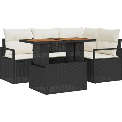 Afbeelding van vidaXL 5 Delige Tuin Sofa Set met Kussens Zwart Poly Riet, 2 Zits Opbergruimte &amp; Riet