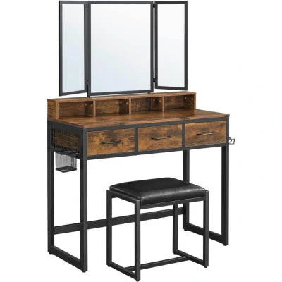 Afbeelding van VASAGLE Onderkastset met gestoffeerde pallet, kaptafel drievoudige spiegel, 3 laden, haardrogerhouder, kaptafel, industriële stijl, rustiek bruin en zwart RVT004B01