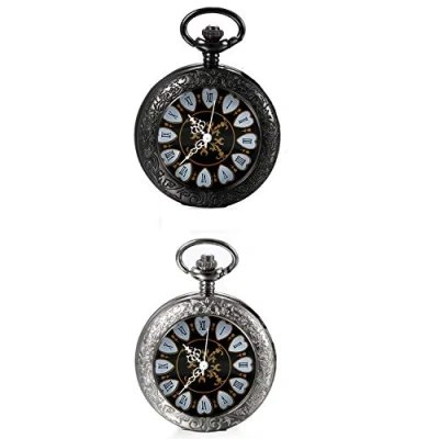 Afbeelding van JewelryWe Mechanisch zakhorloge automatisch design bloem hart Romeinse cijfers kleur zwart/zilver ketting met hanger, 2 stuks.