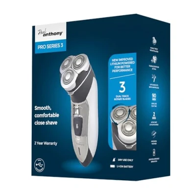 Afbeelding van Paul Anthony Pro Series 3 Titanium draadloos roterend scheerapparaat voor heren, flexibele koppen van titaniumstaal, 40 minuten gebruik/wasbaar hoofd/comfortabele rubberen grip zilver/zwart