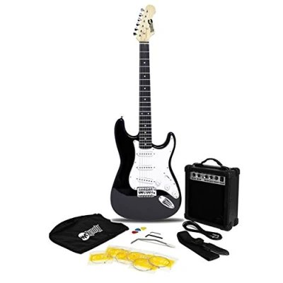 Afbeelding van RockJam elektrische gitaarset met 10 watt versterker, riem, plectrums en lead zwart