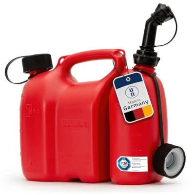 Afbeelding van hünersdorff Professionele dubbele jerrycan voor brandstof en olie met kinderbeveiliging uitloopbuis, 3 + 1,5 liter, rood, UN goedkeuring, Made in Germany
