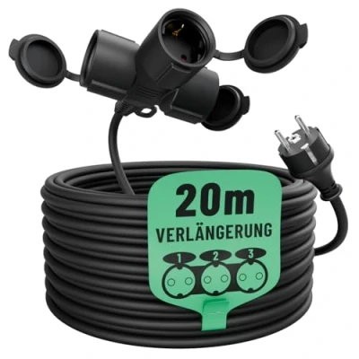 Afbeelding van greate 3 voudige verlengkabel voor buiten, 20 meter, waterdicht IP44, meervoudige stekkerdoos, verlenging m, 3500 W