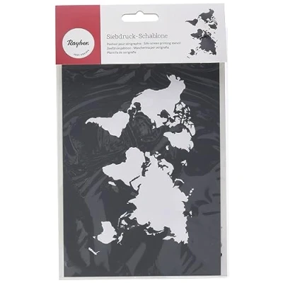 Afbeelding van Rayher 4510000 sjabloon World Map, formaat DIN A5, met rakel, zeefdruksjabloon, schildersjabloon, zelfklevend