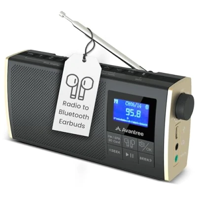 Afbeelding van Avantree Soundbyte T Draagbare FM radio met Bluetooth luidspreker, audio uitzending naar draadloze hoofdtelefoon en SD kaartspeler, 8 uur oplaadbare batterij kanaalvoorinstellingen