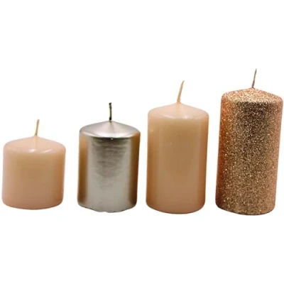 Afbeelding van Adventskaarsen, stompkaarsen, adventskranskaarsen, tafelkaarsen in beige cappuccino en bronzen glitter, levering 4 stuks, getrapt van L/B/H 5 x cm tot 9