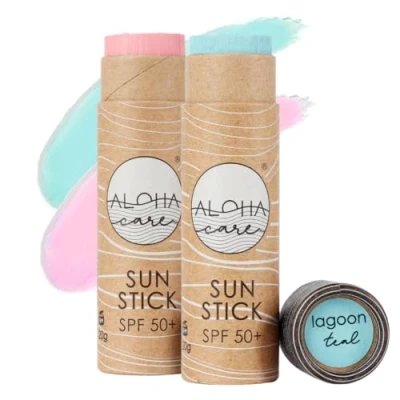 Afbeelding van Aloha Sun Stick SPF 50+, gezichtsmineraal, zonwering om te surfen, Eco Paper 20 g (2 pack (zeegroen + roze)