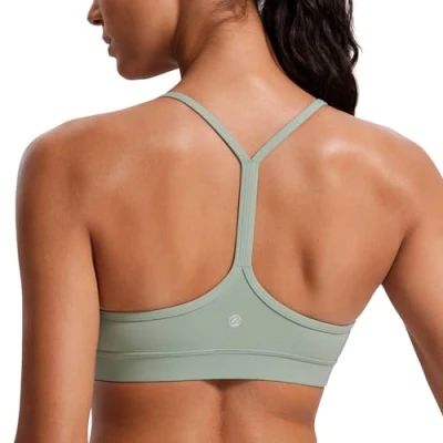 Afbeelding van CRZ Yoga Vrouwen Low Impact Strappy Gewatteerde Sport BH Y Racer Back Spaghetti Riemen Tops Groene Palm Hof XS