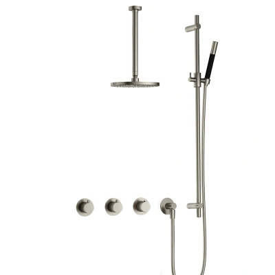 Afbeelding van Hotbath Cobber Regendoucheset IBS70 Geborsteld Nikkel Staaf handdouche 20cm Hoofddouche 30cm Plafondbuis Handouche met glijstang