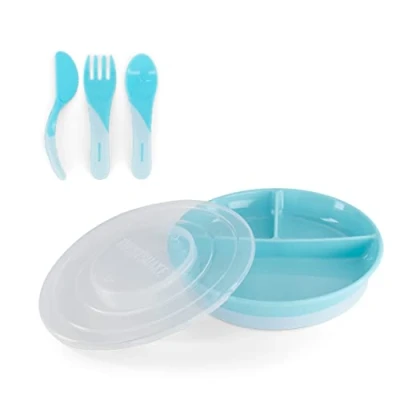 Afbeelding van Twistshake Baby Servies Set Bordje + Bestek 6m+ BPA Vrij Voedings Training Voor Kinderen Blau