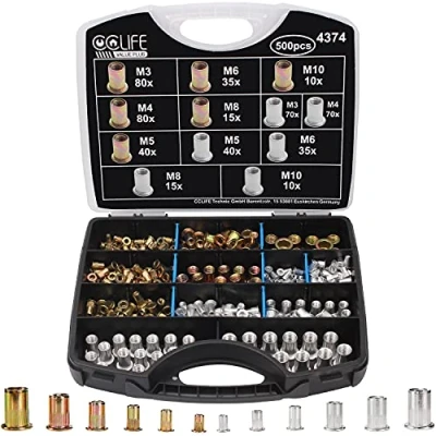 Afbeelding van CCLIFE 500 delige klinkmoeren, assortiment M3, M4, M5, M6, M8, M10, platte kop, draadklinkmoeren, aluminium en verzinkt staal klinkmoeren