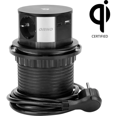 Afbeelding van Pop up stekkerdoos met Qi draadloze oplader 3 Stopcontacten USB A+C Quickcharge 3.0